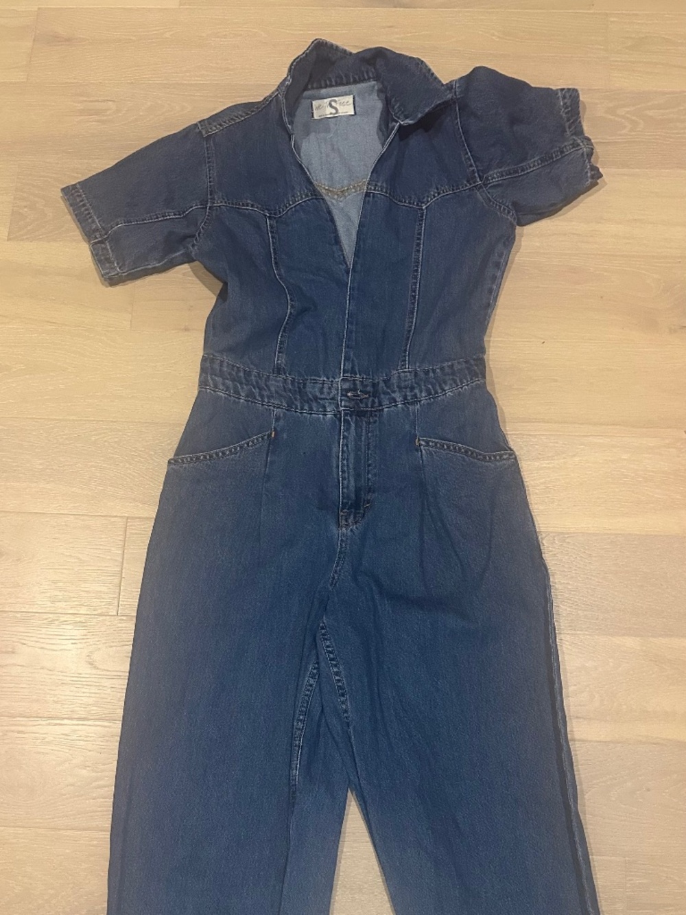 Free people denim short sleeve overalls